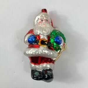 Vintage 5.5″ Santa Claus Mouthblown Glass Ornament Red Suit Wreath NO CAP